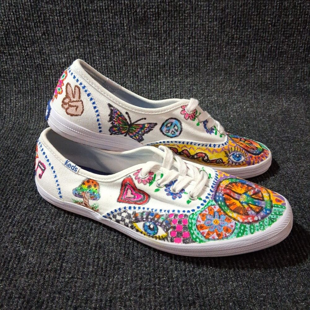 Unique Hand-Painted Keds Sneaker Art Peace Mushroom Floral Boho Hippie 8.5 - Picture 2 of 11